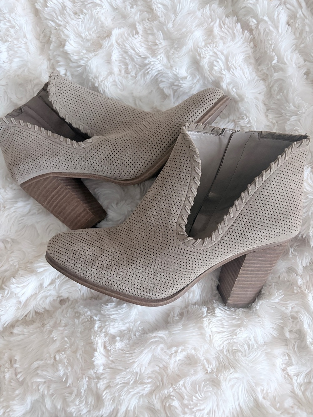 Vince Camuto Taupe Perforated Suede Block Heel Ankle Booties